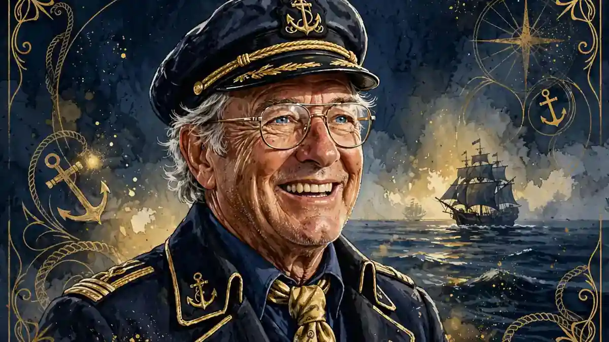Illustrated portrait of treasure hunter Mel Fisher in a sea captain's cap, navy and gold editorial style