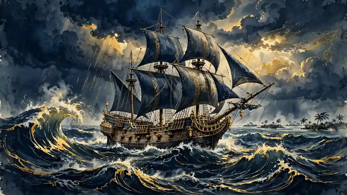Illustration of the Spanish treasure galleon Nuestra Señora de Atocha caught in a 1622 hurricane