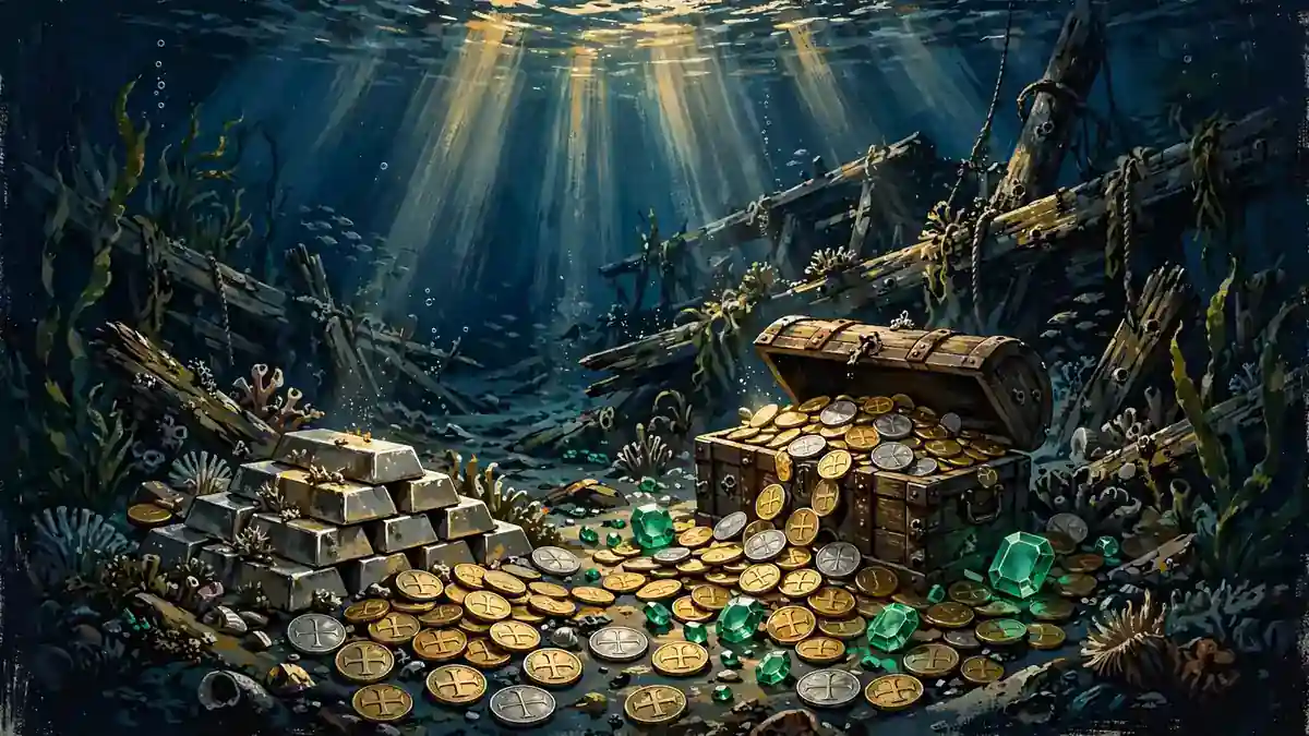 Illustration of Atocha shipwreck treasure: silver bars, gold coins and emeralds on the ocean floor