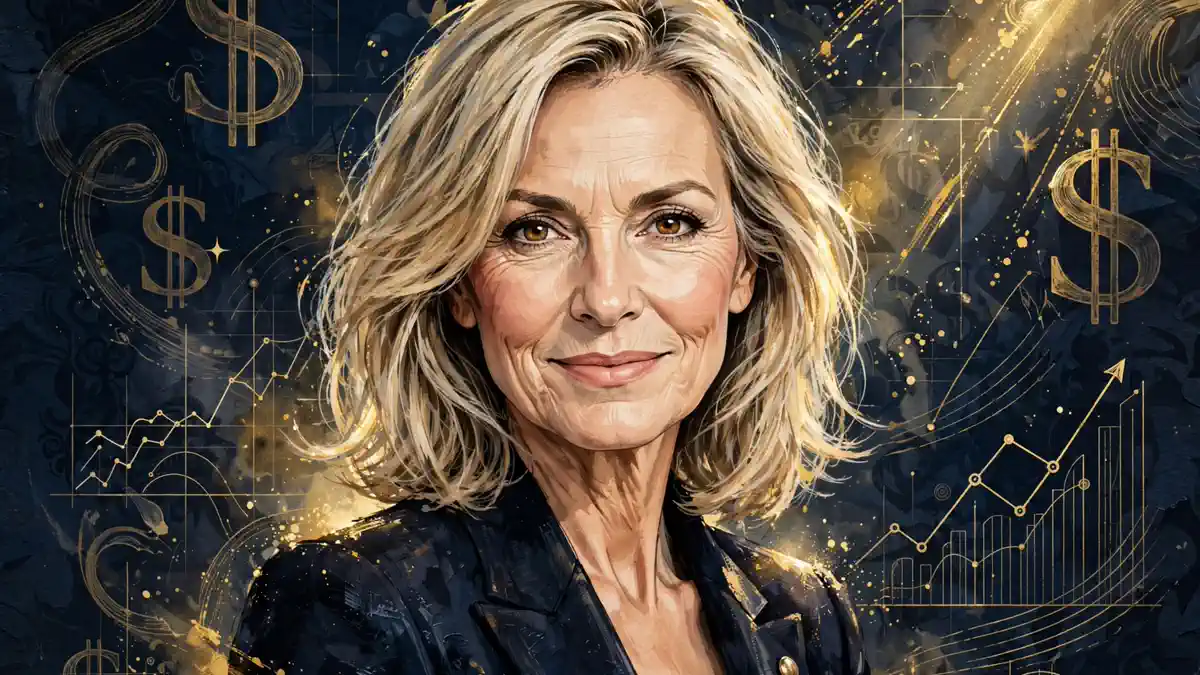 Stylized illustrated portrait of author and podcast host Mel Robbins in navy and gold editorial style