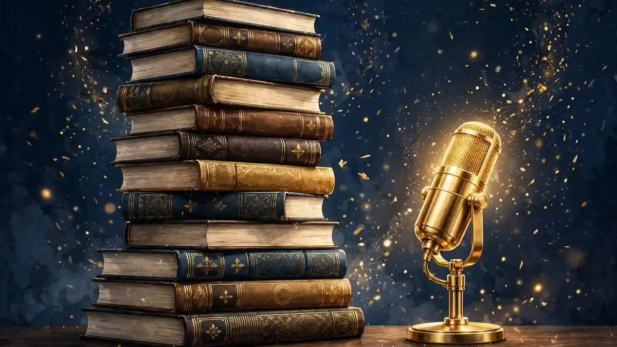 Illustration of a stack of bestselling books beside a glowing gold podcast microphone