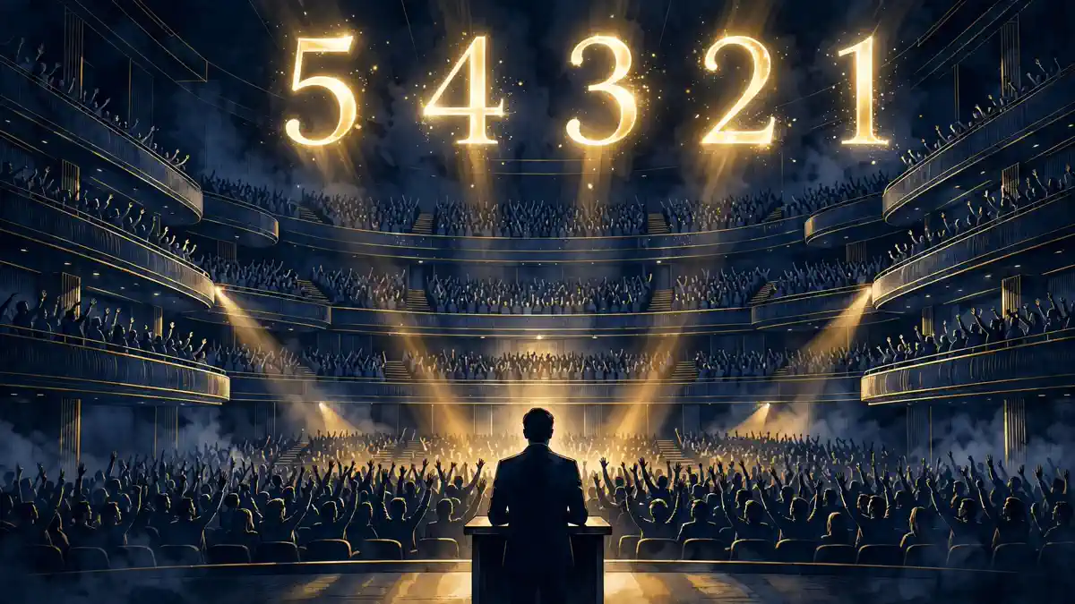 Illustration of a packed theater with a speaker on stage beneath glowing 5-4-3-2-1 countdown numbers