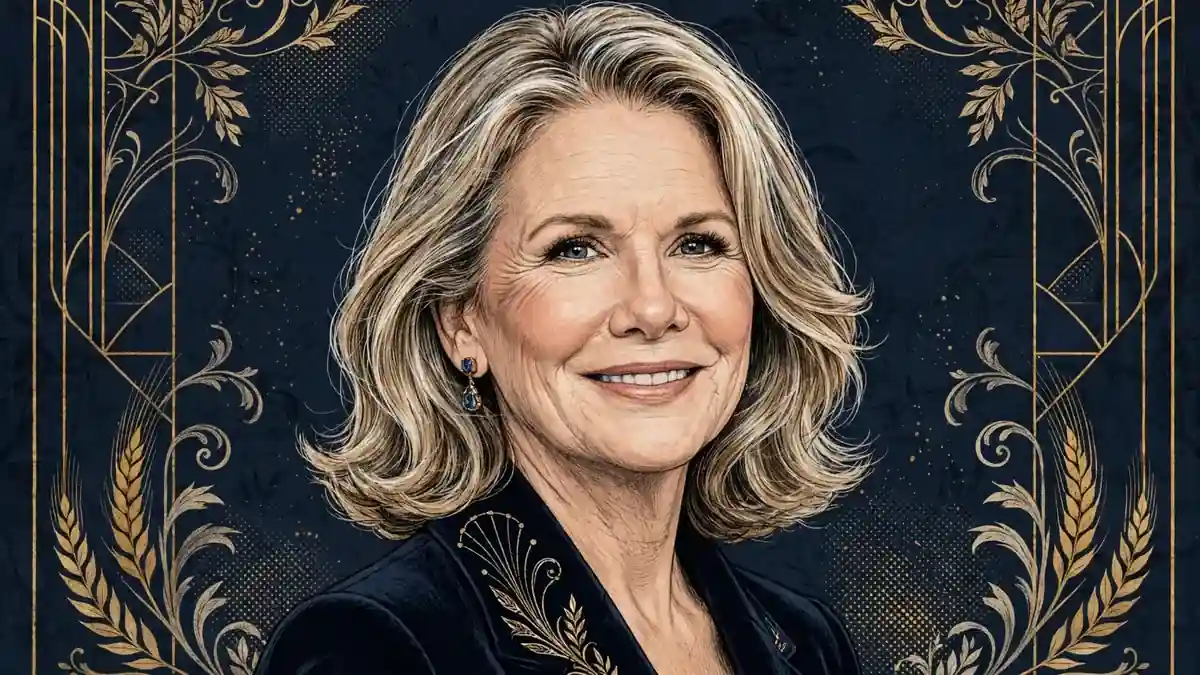 Illustrated portrait of Melissa Gilbert in navy and gold editorial style