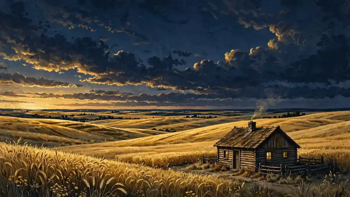 Illustration of a 19th-century prairie homestead at sunset with a wooden cabin and golden wheat fields