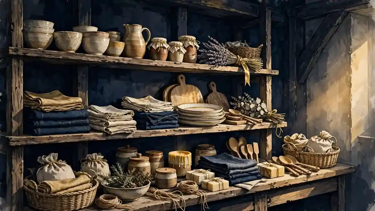 Illustration of a rustic lifestyle-brand workshop with handmade kitchenware and home goods
