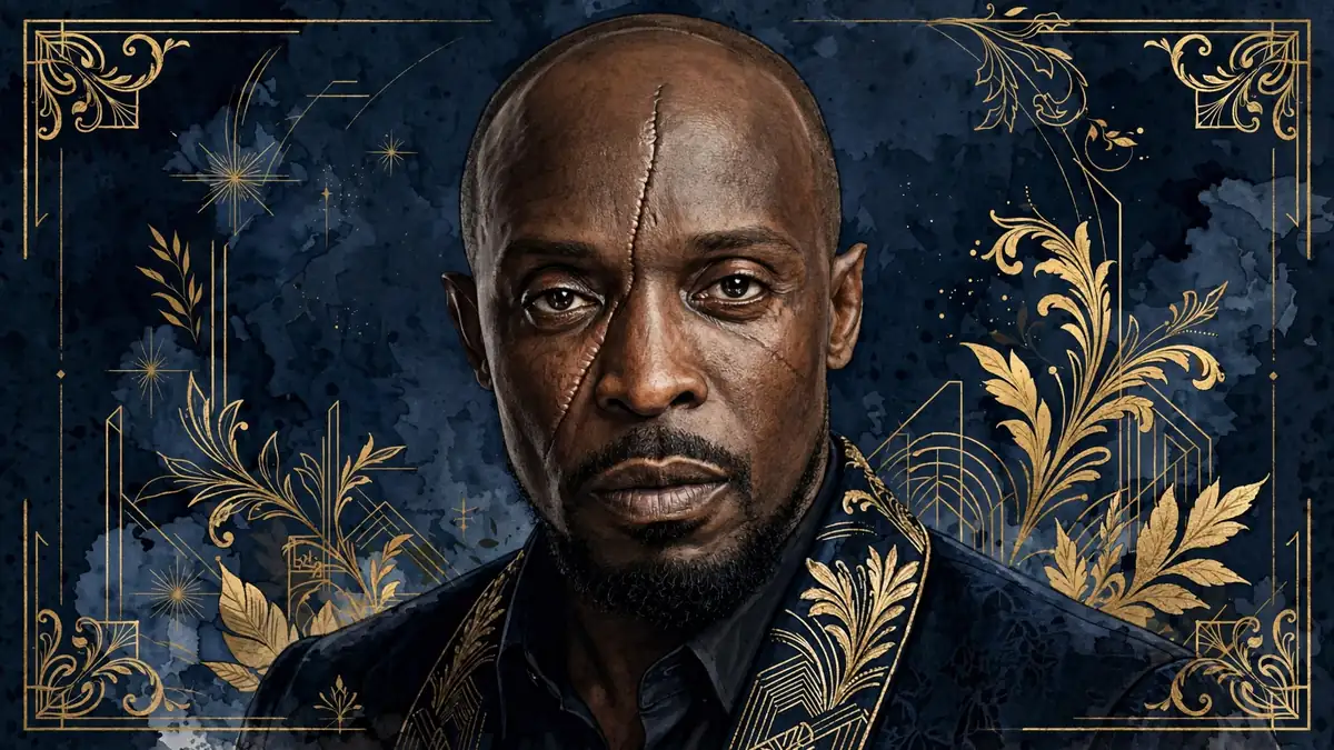 Stylized illustrated portrait of Michael K. Williams with his signature facial scar against a navy and gold background