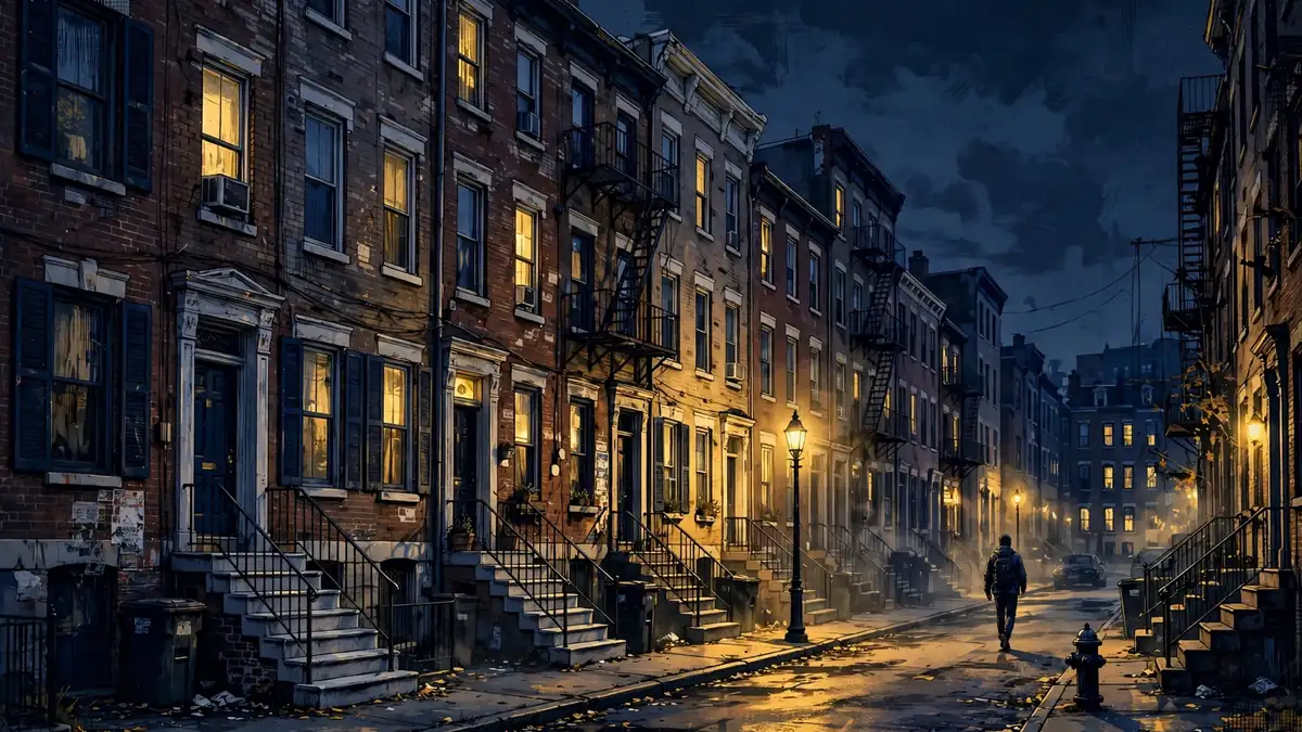 Stylized illustration of a lone figure with a shotgun on a Baltimore street at dusk, in navy and gold