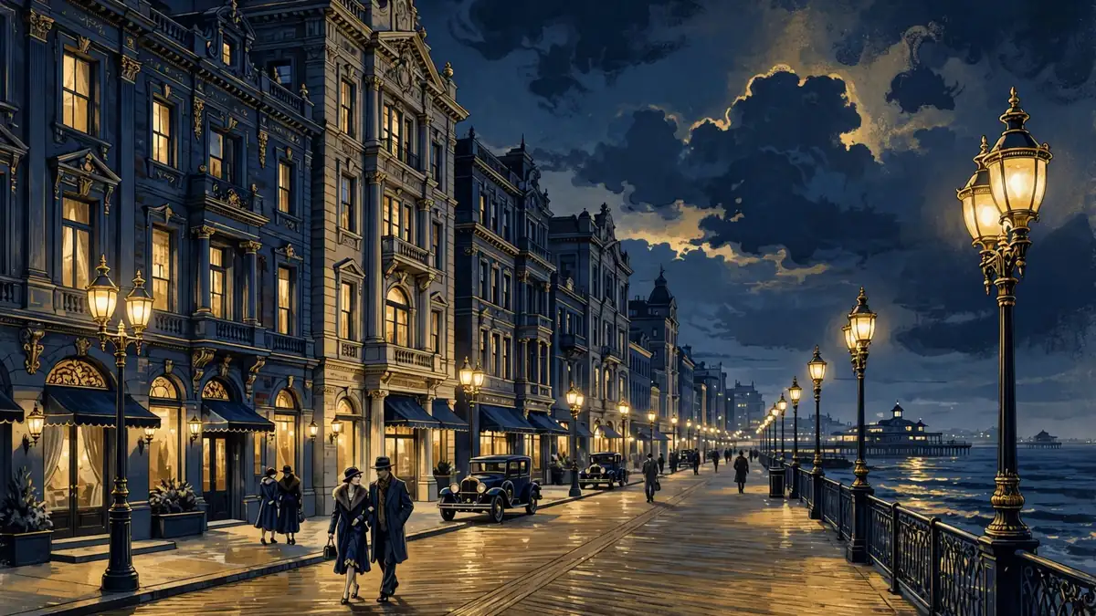 Stylized illustration of a 1920s Atlantic City boardwalk scene with a sharply dressed figure, in navy and gold