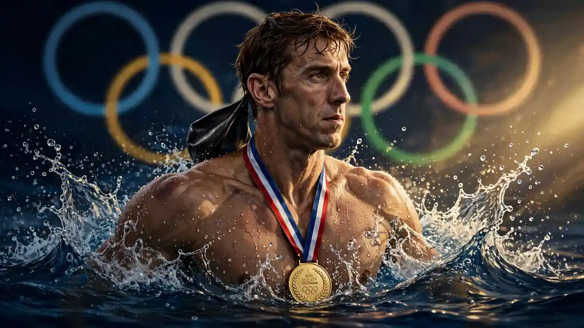 Stylized illustrated portrait of Michael Phelps with an Olympic gold medal, navy and gold editorial style