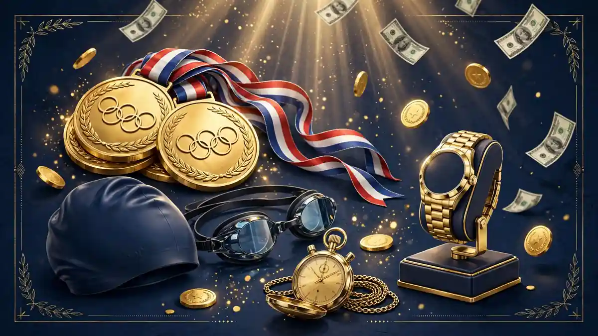Illustration of Olympic gold medals, swim gear and sponsor-style dollar imagery representing Michael Phelps' endorsement earnings