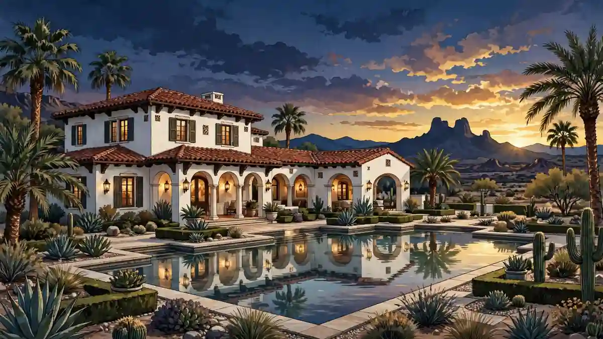 Illustration of a luxury desert mansion in Arizona at sunset with a swimming pool, representing Michael Phelps' real estate
