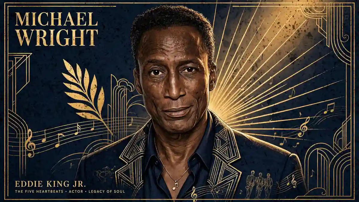 Illustrated portrait of actor Michael Wright in navy and gold editorial style