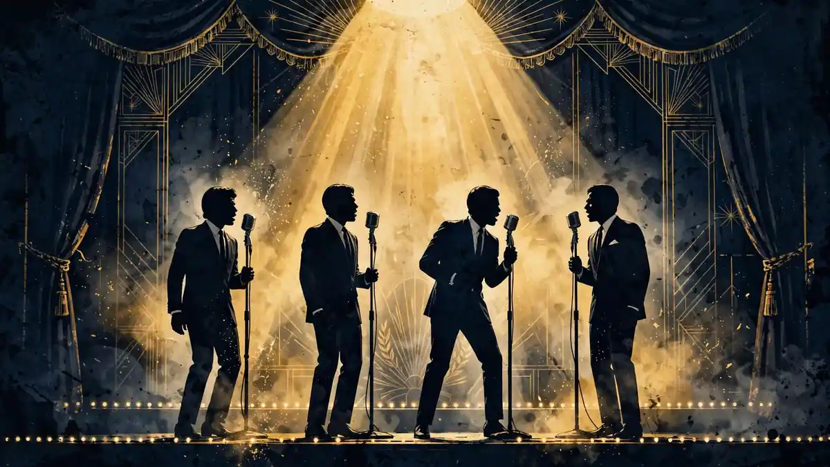 Illustrated 1960s R&B vocal group performing under a golden spotlight