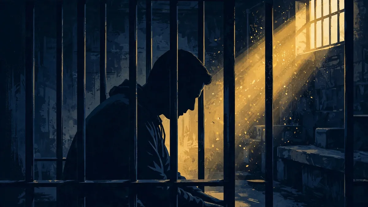 Moody illustrated scene of a prison drama inmate behind cell bars in navy and gold