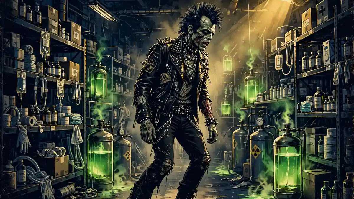 Stylized illustration of a 1980s cult horror film set in navy and gold
