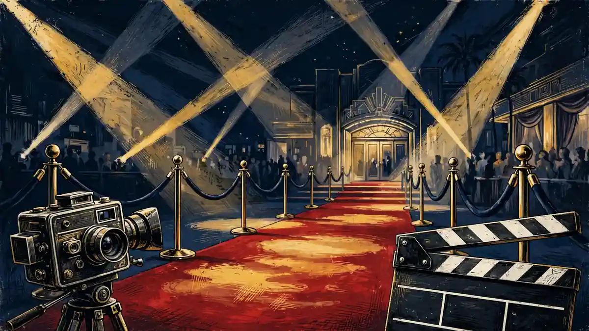 Stylized illustration of a Hollywood red-carpet premiere in navy and gold