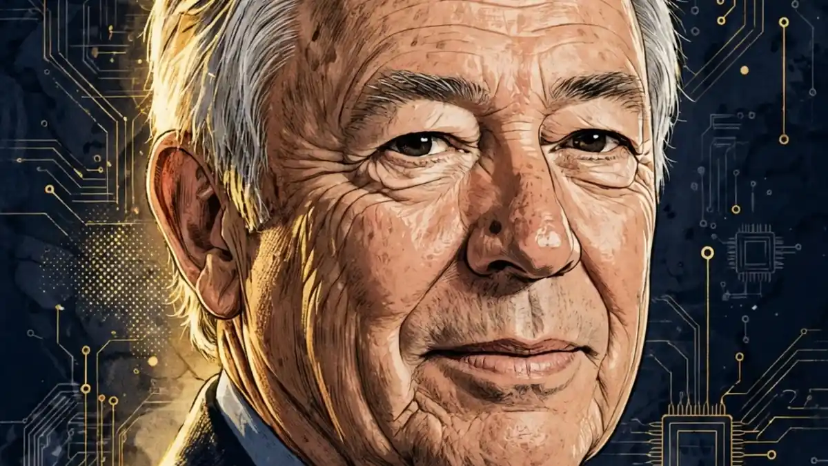 Stylized illustrated portrait of Mike Markkula, the early Apple investor and former Apple CEO, in a navy and gold editorial style