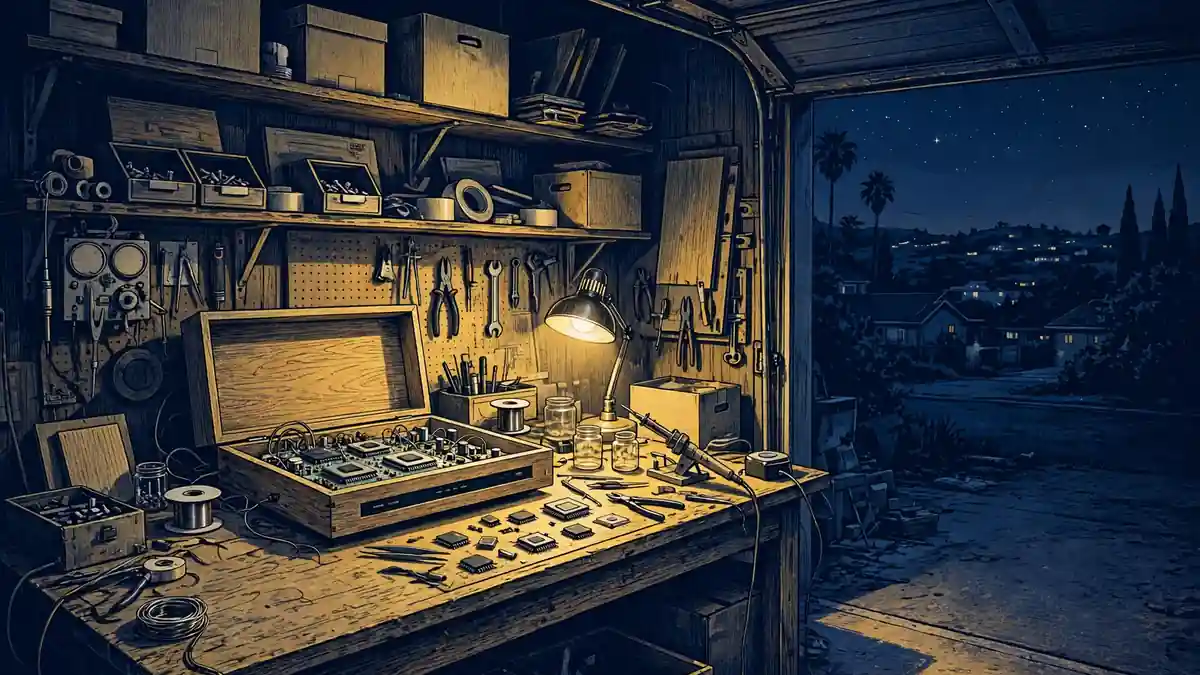 Illustration of the original Apple garage workshop in Los Altos, California at night, with an Apple I computer on a workbench