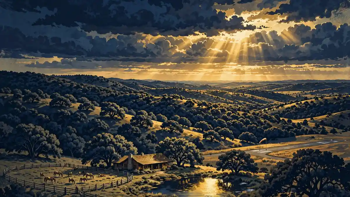 Illustration of Rana Creek Ranch in Carmel Valley, California at golden hour, with rolling oak-covered hills, a ranch house and private lake