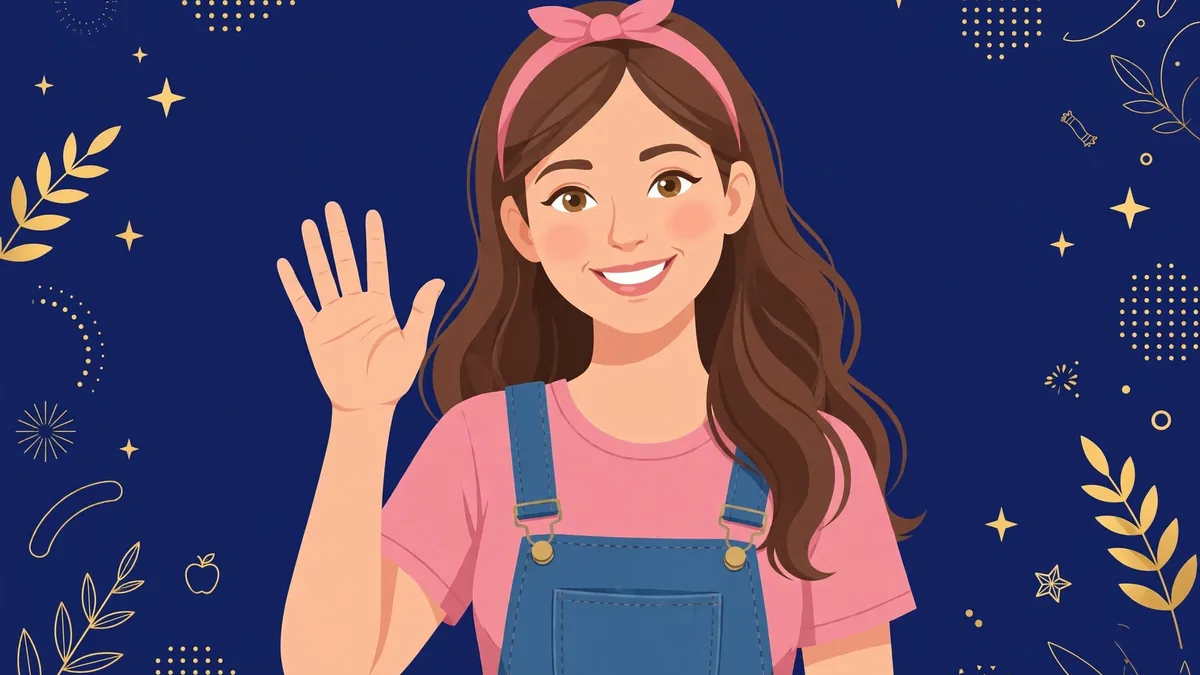 Stylized illustrated portrait of Ms Rachel in navy and gold editorial style