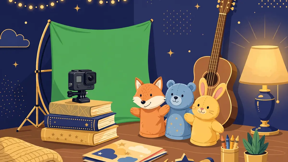 Illustration of a cozy home YouTube studio with puppets, guitar and camera in navy and gold style