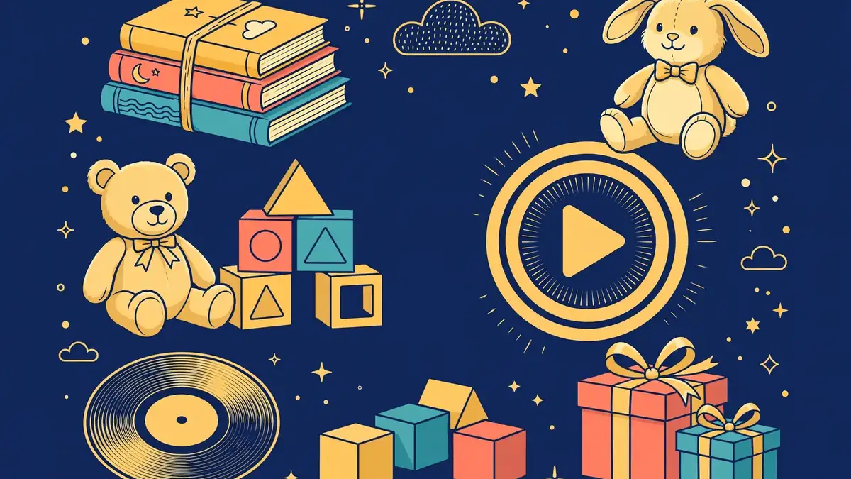 Illustration of a children's media empire with toys, books, streaming and music in navy and gold style