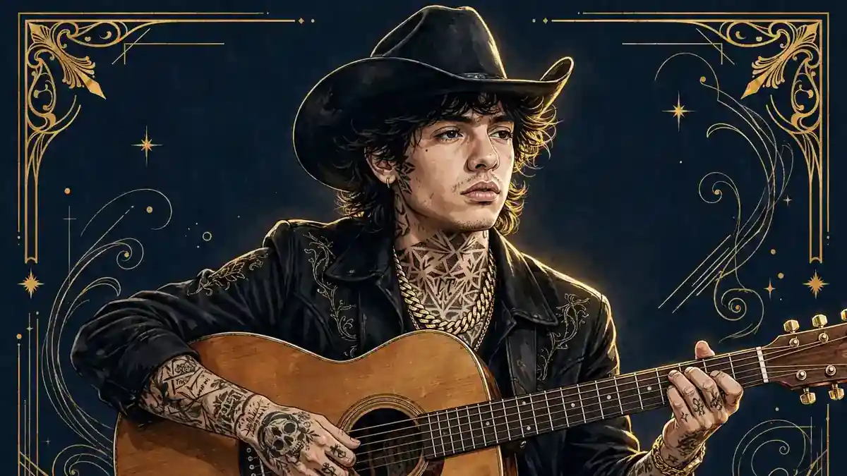 Stylized illustrated portrait of Natanael Cano wearing a cowboy hat and gold chain, holding a guitar, in navy and gold editorial style