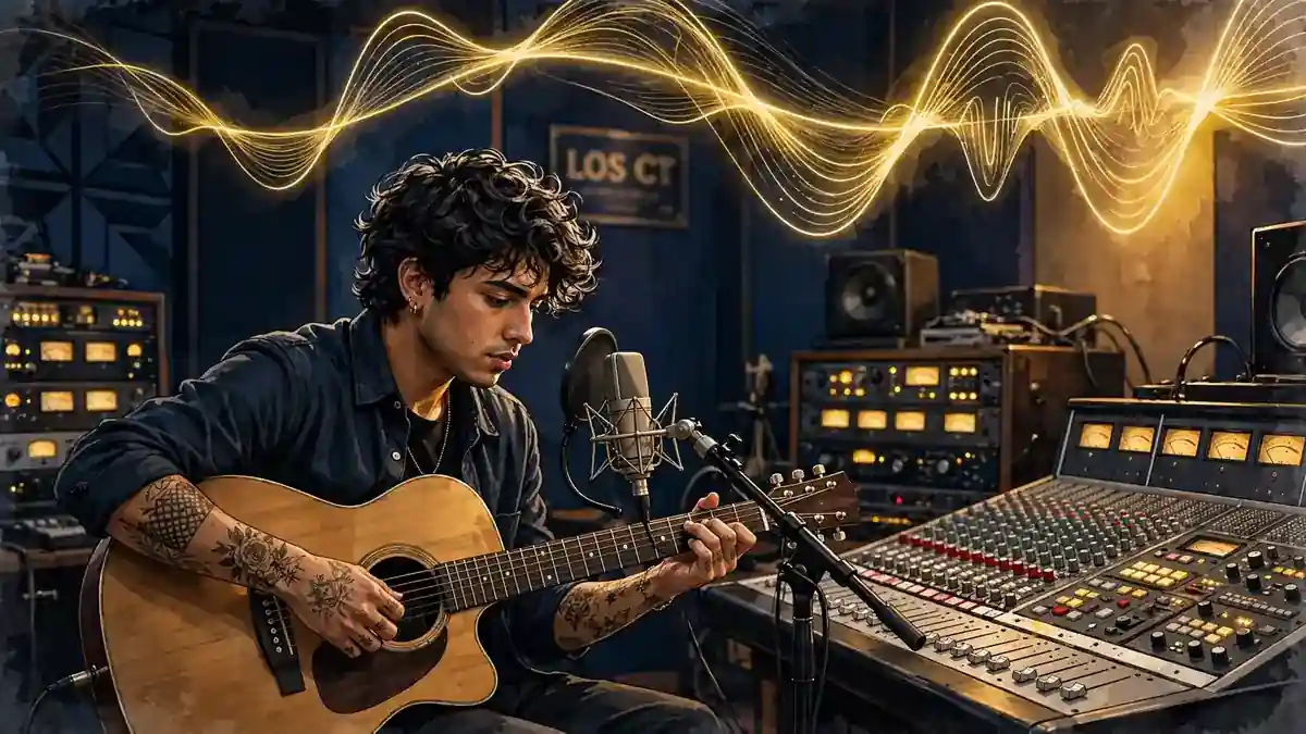 Illustration of Natanael Cano playing guitar in a recording studio beside a mixing console with a Los CT plaque on the wall