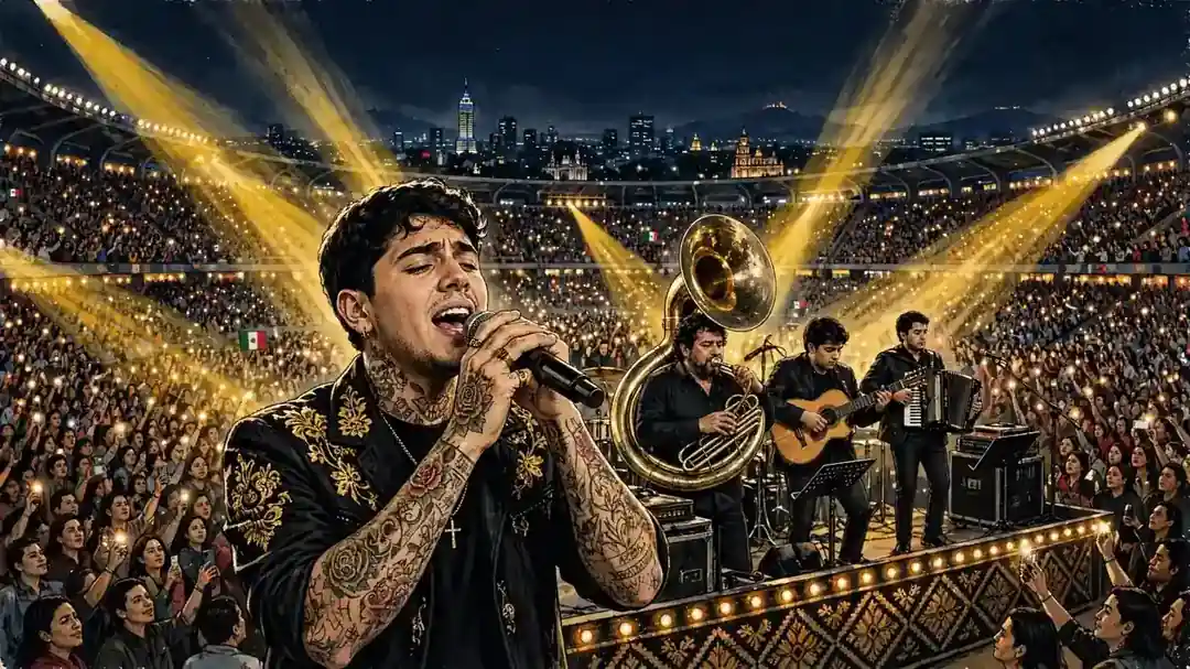 Illustration of Natanael Cano performing on a stadium stage at night with a tuba player and a huge crowd