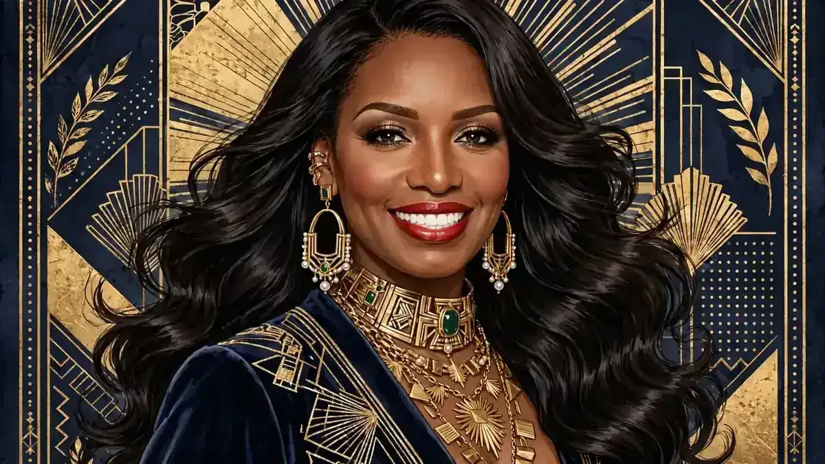 Stylized illustrated portrait of NeNe Leakes in navy and gold