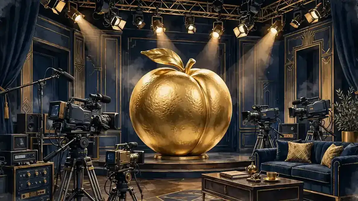 Illustration of a TV studio set with a golden peach, nodding to The Real Housewives of Atlanta