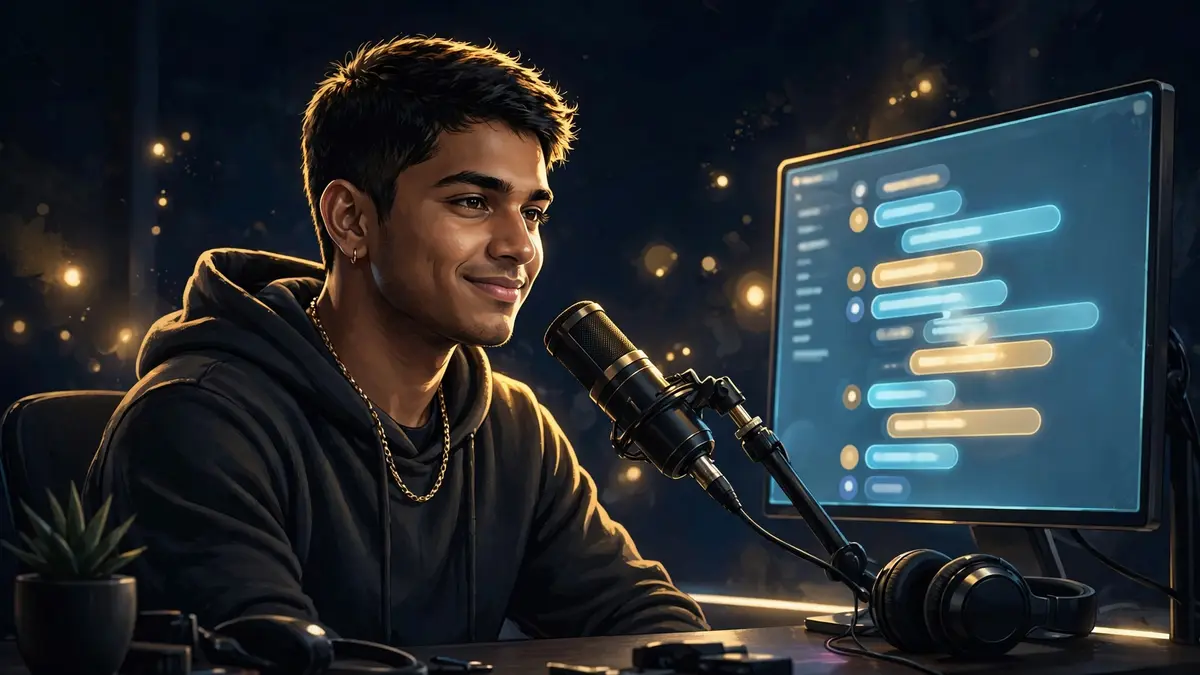 Illustrated portrait of Kick streamer Neon (N3on) in navy and gold editorial style