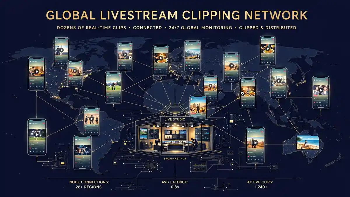 Illustration of a streamer's global clipping network with phones and short-form video feeds across a world map