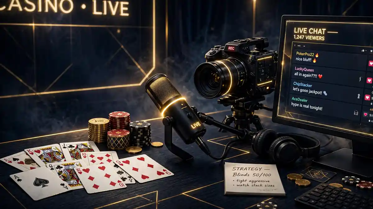Illustration of a casino streamer desk with cards, chips, and a live broadcast setup in navy and gold editorial style