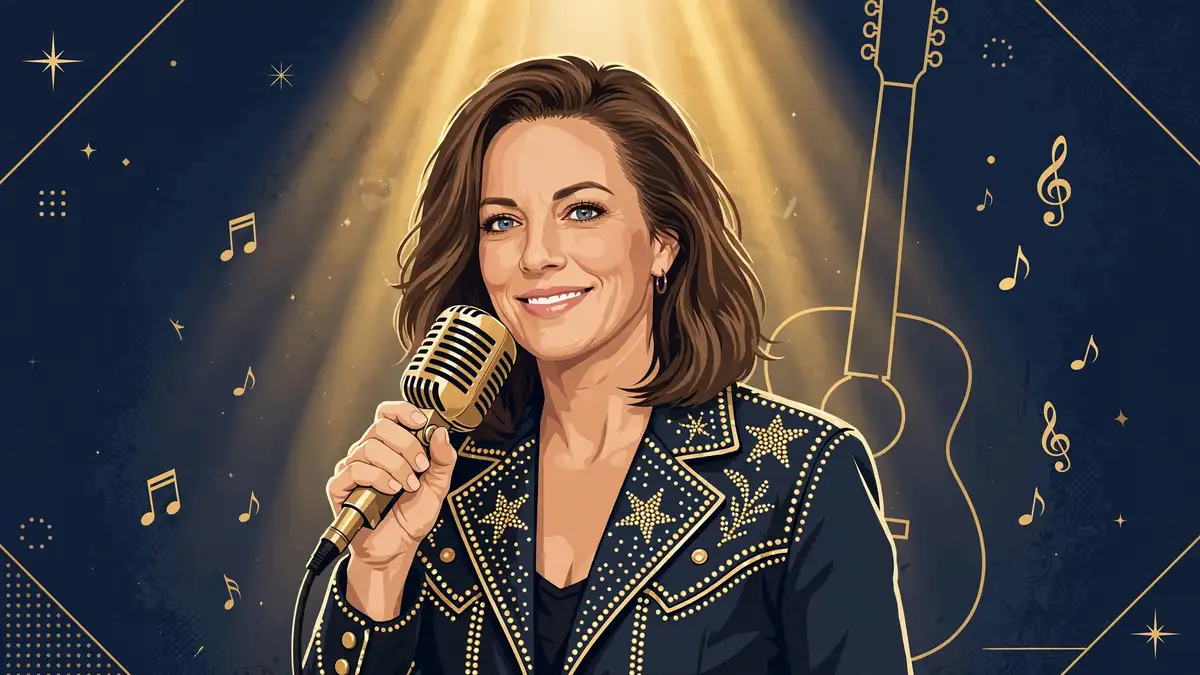 Illustrated portrait of country singer Tayla Lynn holding a vintage microphone on a gold-lit stage