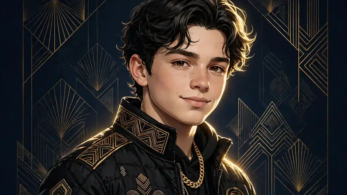 Stylized illustrated portrait of rapper Nettspend in dark navy and gold editorial style