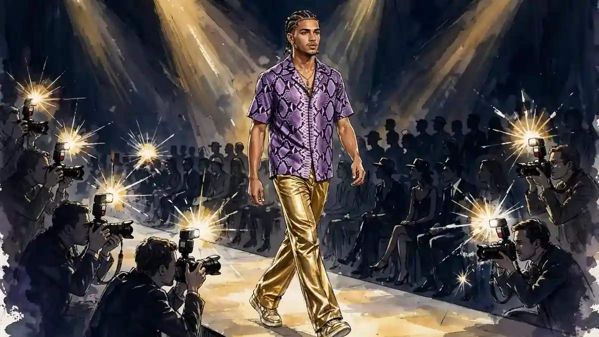 Illustrated rapper on a fashion runway in snakeskin print, navy and gold editorial style