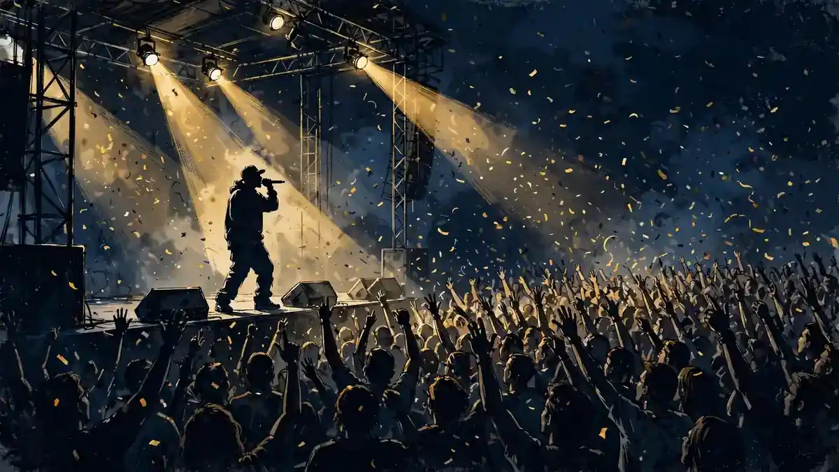 Illustrated concert stage with crowd and spotlights in navy and gold editorial style