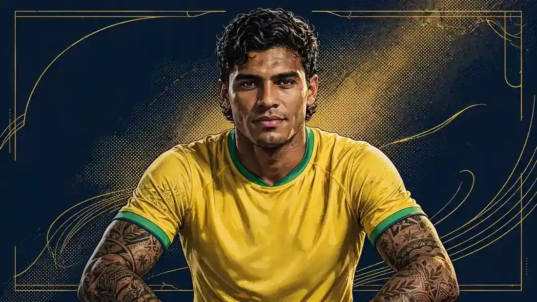 Stylized illustrated portrait of Neymar in a Brazil jersey, navy and gold editorial style.