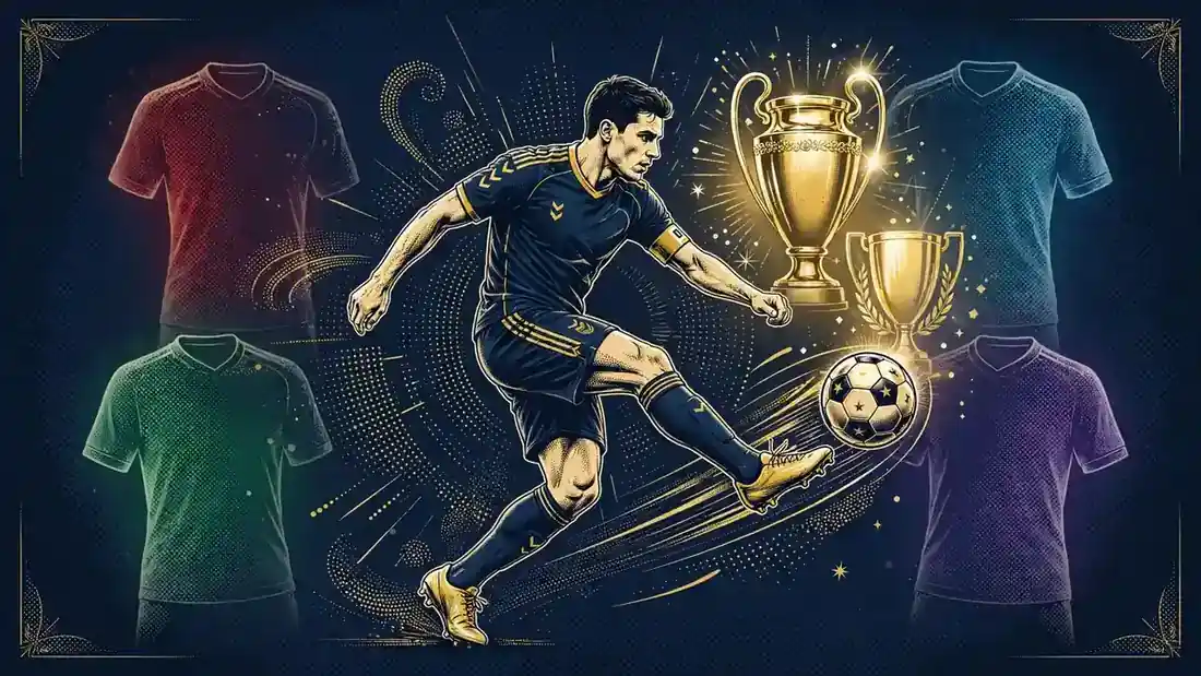 Illustration of a footballer with club jerseys, trophies and a Champions League-style cup