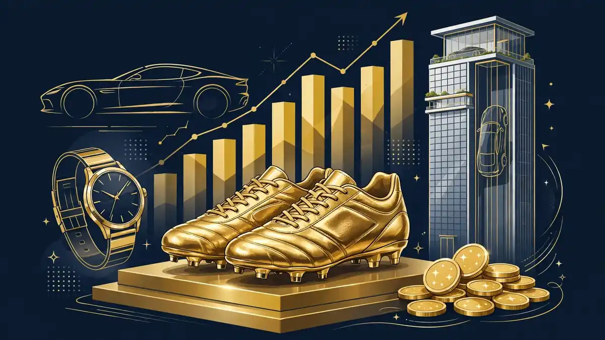 Illustration of golden football boots, a watch, a luxury penthouse and rising charts representing Neymar's endorsement wealth