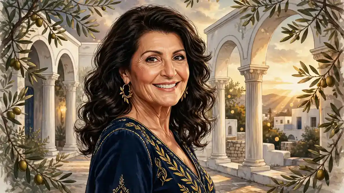 Stylized illustrated portrait of Nia Vardalos, writer and star of My Big Fat Greek Wedding, in dark navy and gold editorial style