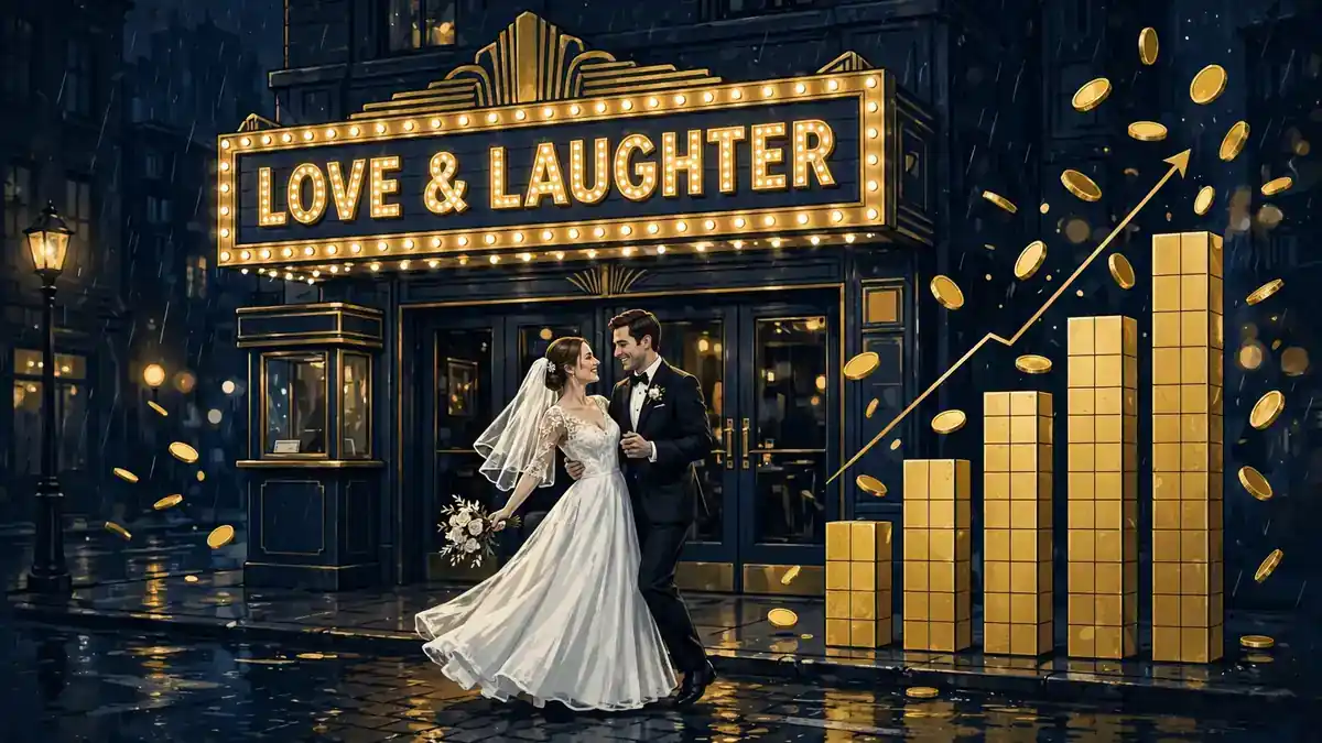 Editorial illustration of a vintage movie theater marquee and rising box office charts in navy and gold