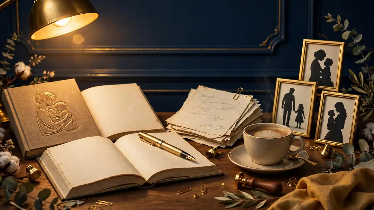 Editorial illustration of a writer's desk with a memoir about adoption, screenplay pages and warm lamplight in navy and gold