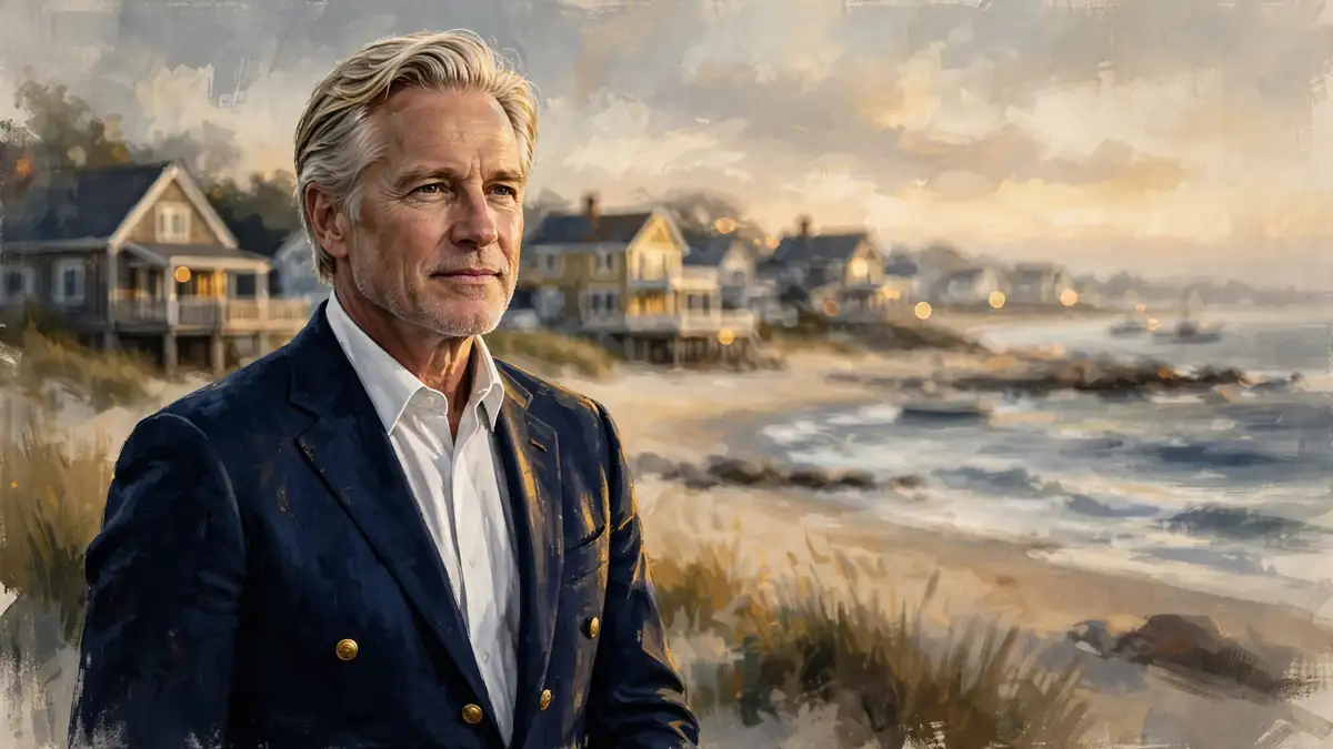 Stylized illustrated portrait of Nicholas Riccio, the Hampton Beach real estate developer, in navy and gold editorial style