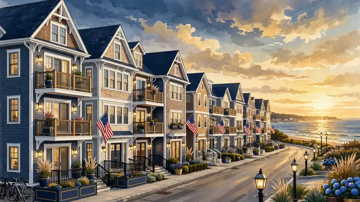 Illustrated view of renovated rental houses on a Hampton Beach street at golden hour