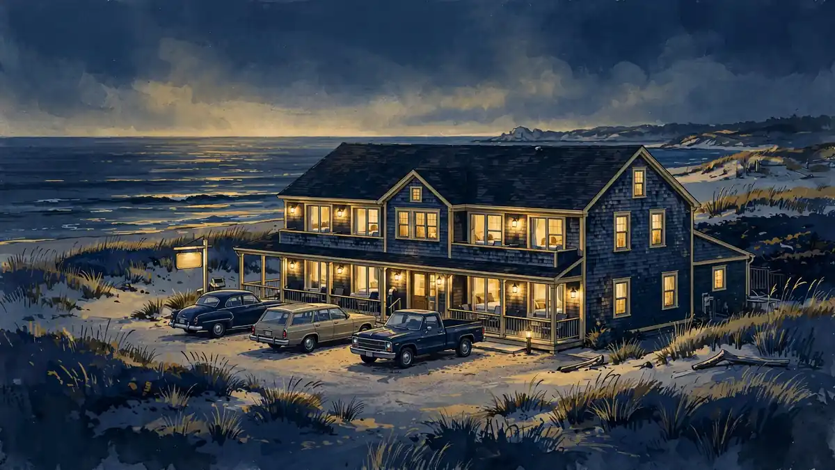 Illustrated view of a New England beachfront motel at dusk with glowing windows