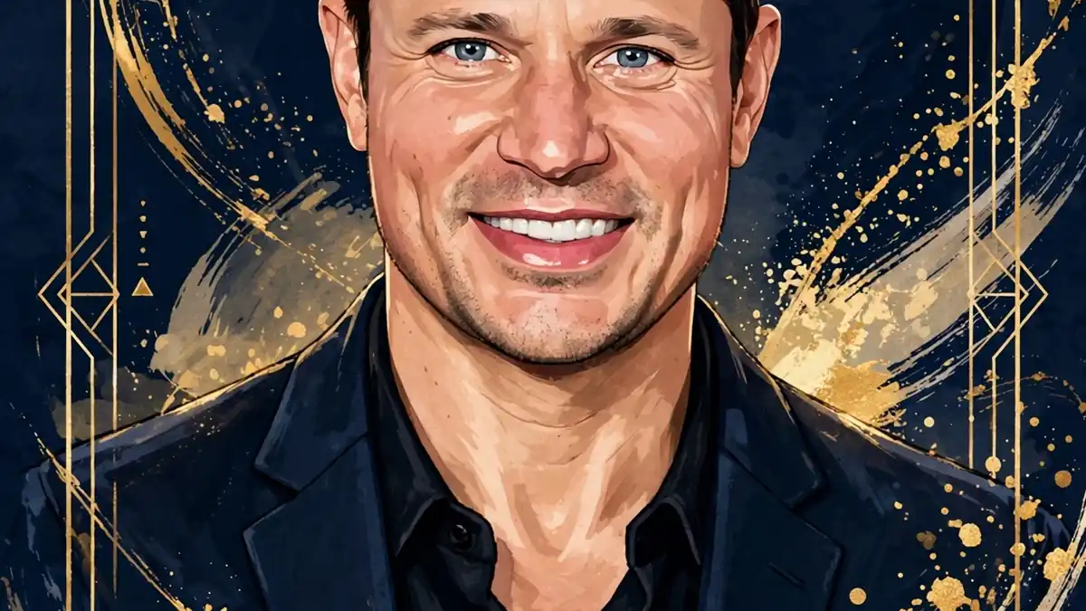 Stylized illustrated portrait of singer Nick Lachey on a dark navy and gold editorial background