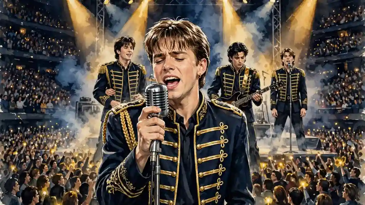 Illustration of a 1990s boy band concert with four singers in dark navy and gold outfits under stage lights