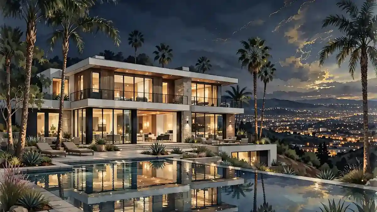 Illustration of a luxury California mansion at dusk with glowing windows, pool, and city lights